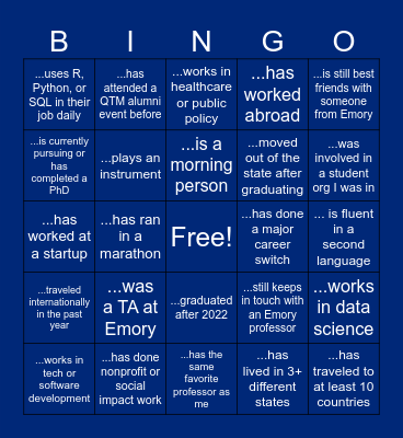 QTM Alumni Bingo: I Met An Alum Who... Bingo Card