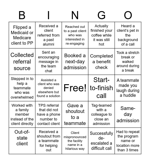 WAB: West Admissions Bingo Card