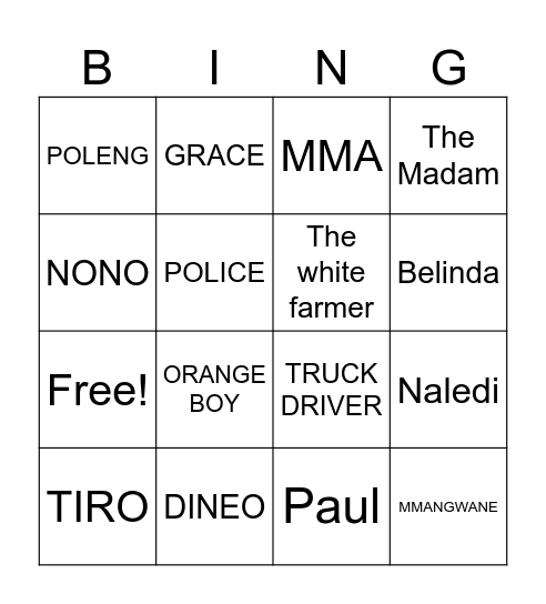 Jo'burg Characters Bingo Card