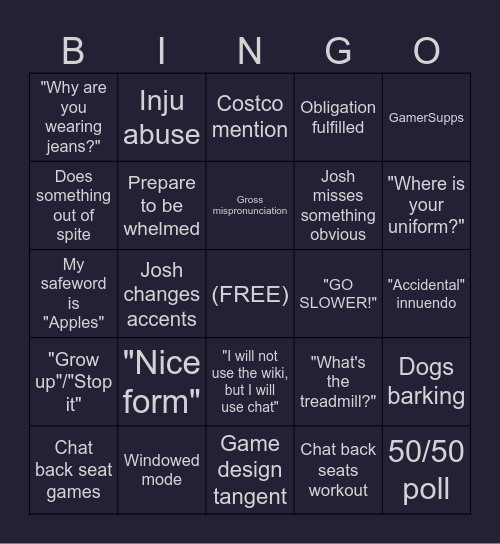 Josh Strife Hayes Stream Bingo (Dark Swoles) Bingo Card