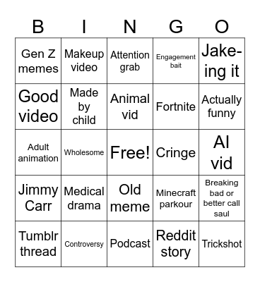 YouTube shorts bingo Card
