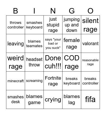 gamer rage Bingo Card