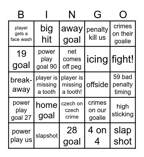 Hockey Bingo Card