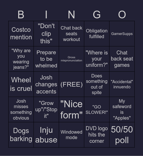 Josh Strife Hayes Stream Bingo (Dark Swoles) Bingo Card