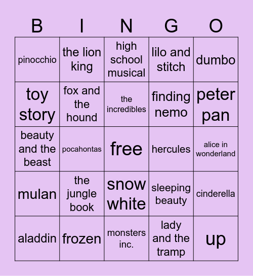 DISNEY MOVIE Bingo Card