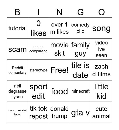 yt shorts Bingo Card