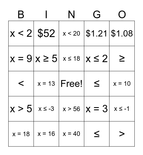 Equations & Inequalities Bingo Card