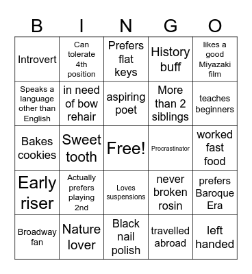 Susquehanna University Violin/Viola Bingo Card