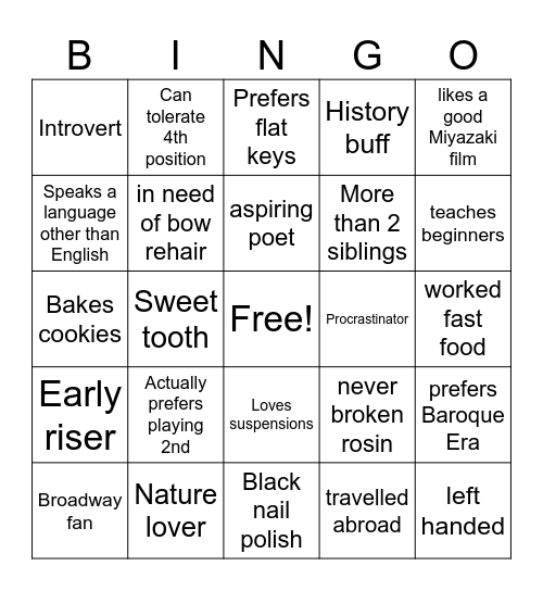 Susquehanna University Violin/Viola Bingo Card