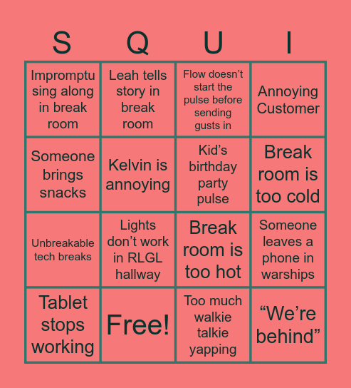 Squingo Bingo Card