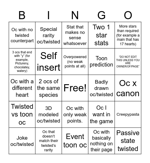 Fanon wiki bingo Card