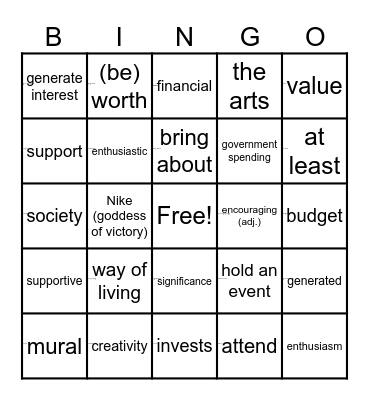 Unit 3E Vocabulary Bingo Card
