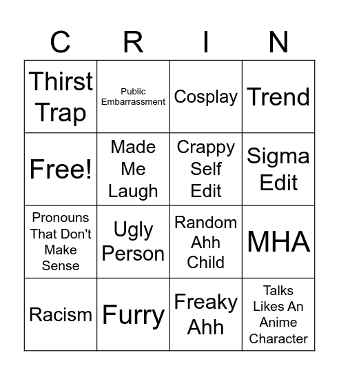 Cringe Bingo Card