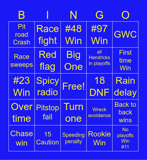 NASCAR Bingo Card