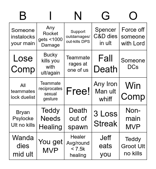 Rivals Drink Bingo Card