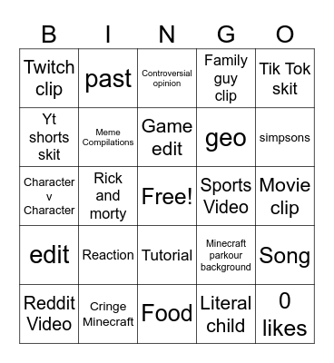 Youtube shorts Bingo Card
