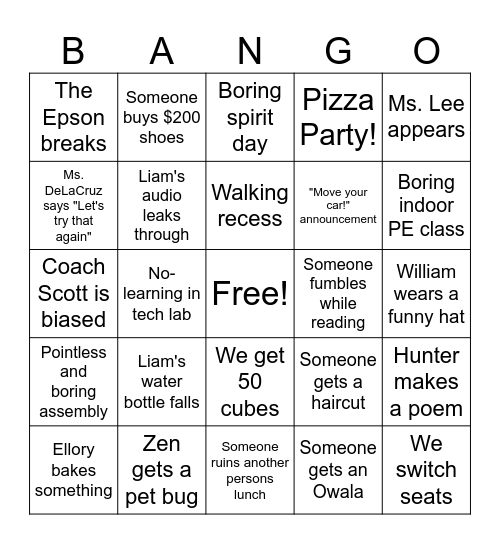School Bango Bingo Card