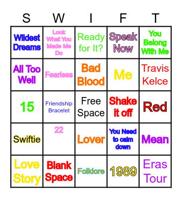 Taylor Swift Bingo Card