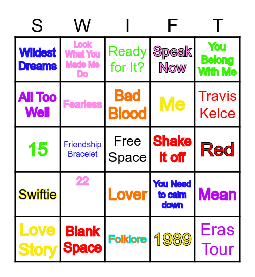 Taylor Swift Bingo Card