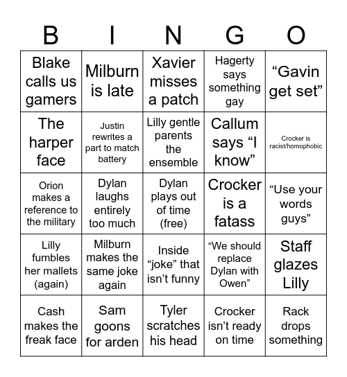 Rehearsal bingo card Bingo Card
