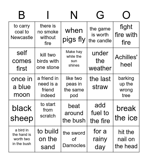 Idioms Bingo Card
