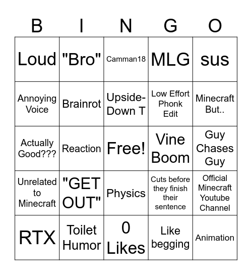 Minecraft YT Shorts Bingo Card