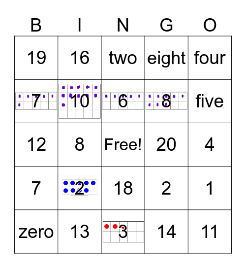 Numbers 1-20 Bingo Card
