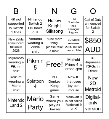 Nintendo Switch 2 Direct Bingo Card
