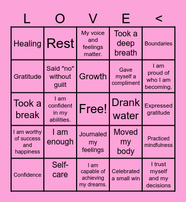 Self Love Bingo Card