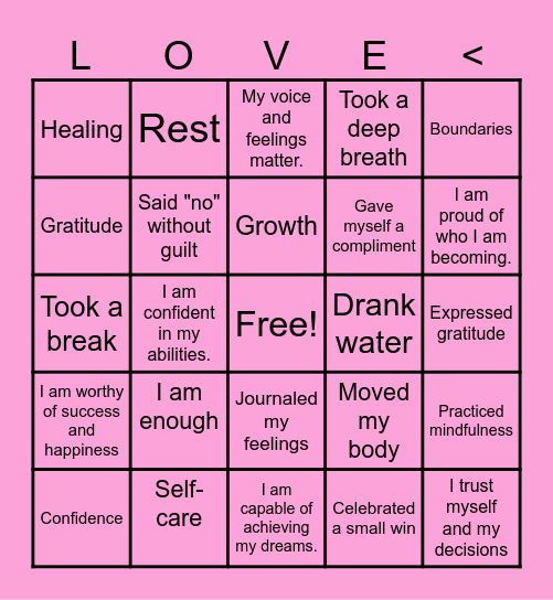 Self Love Bingo Card