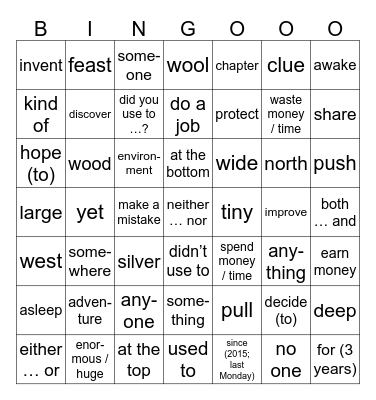 Amazing English 2 Final revision Bingo Card