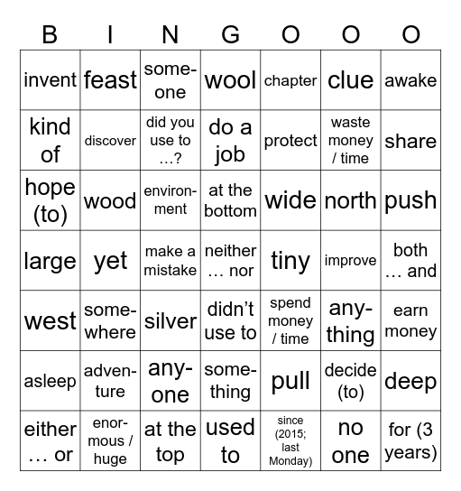 Amazing English 2 Final revision Bingo Card