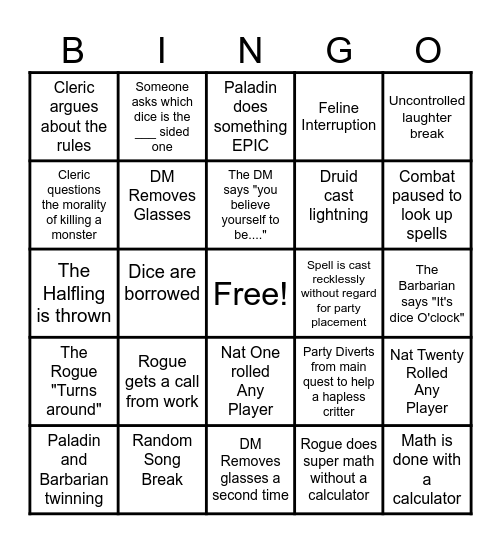 Family D&D Bingo Card
