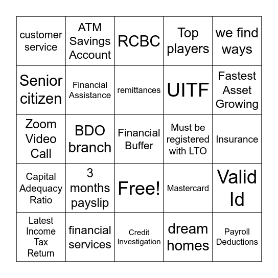 BANKS Bingo Card