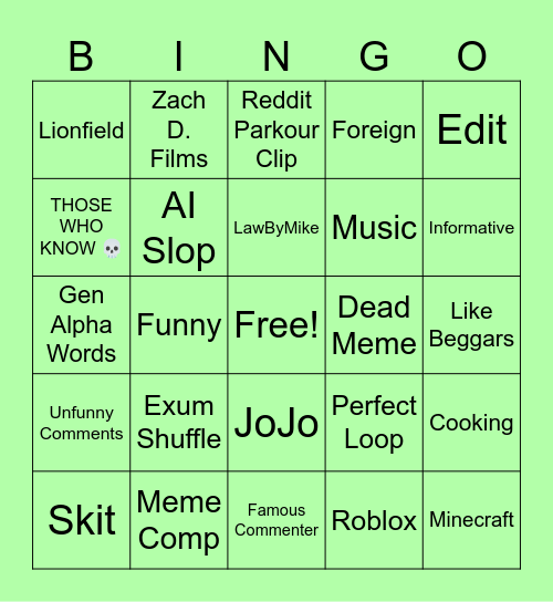 Youtube Shorts Bingo 6: Stone Ocean Bingo Card