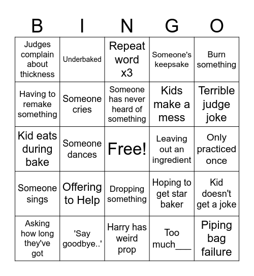 Junior Bake Off Bingo Card
