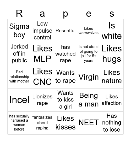 Rapist bingo Card