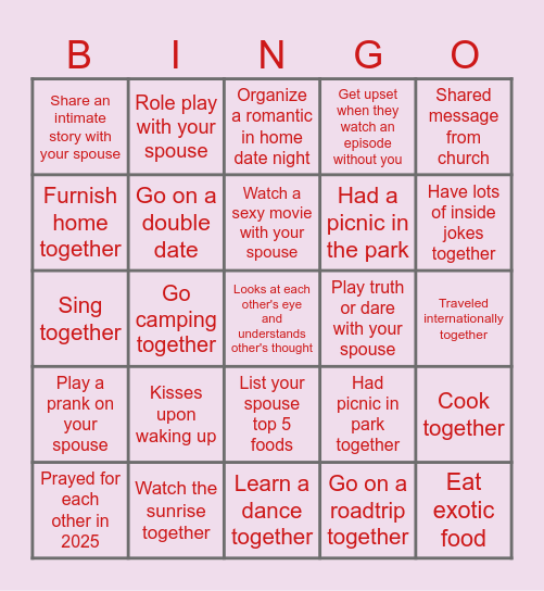 Couples Bingo Card