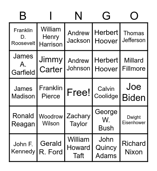 Presidents Bingo Card
