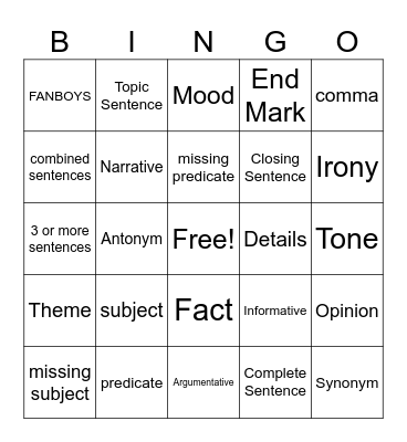 Writing Bingo Card