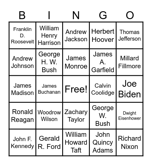 Presidents Bingo Card