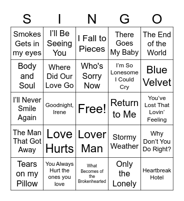Heart Break Tunes Bingo Card