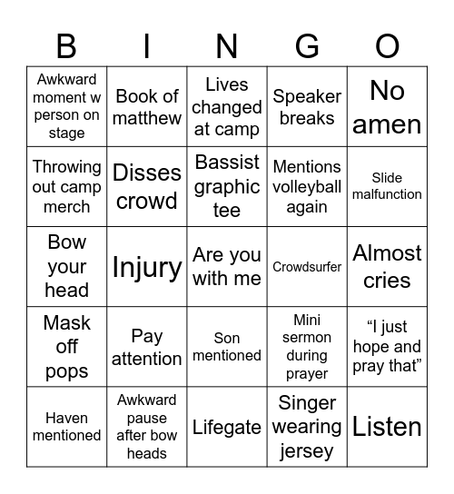 Winter camp 25 Bingo Card