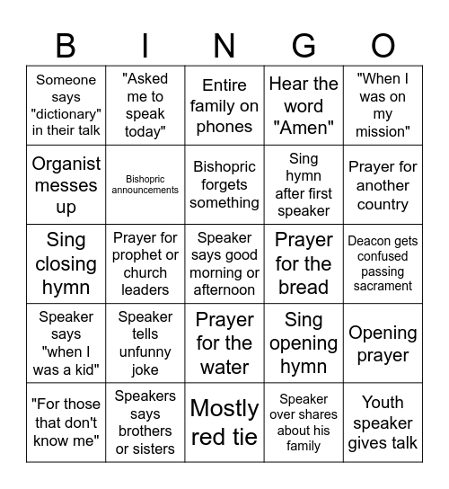 Sacrament Meeting Bingo Card