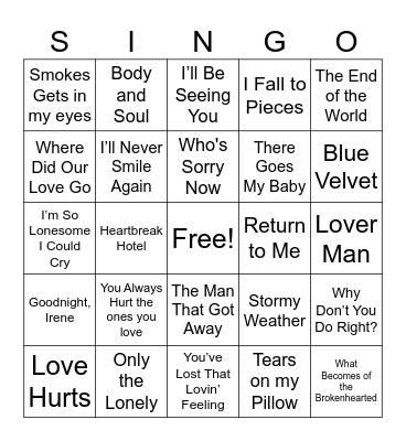 Heart Break Tunes Bingo Card