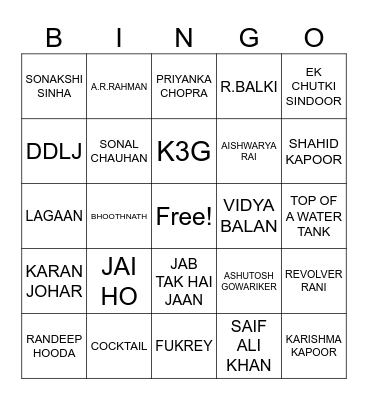 Bollywood Bingo Card