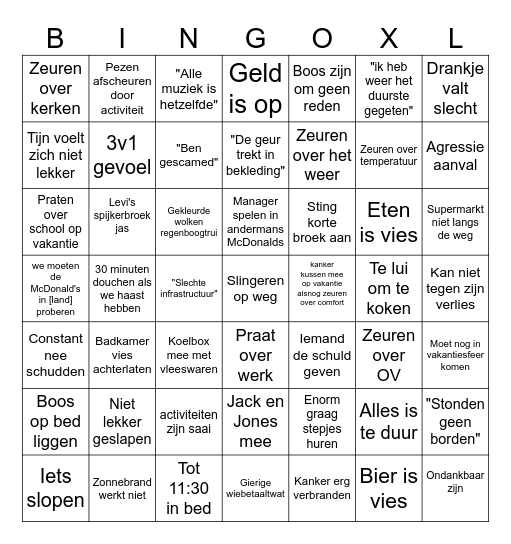 Tijn's algemene vakantie bingo Card