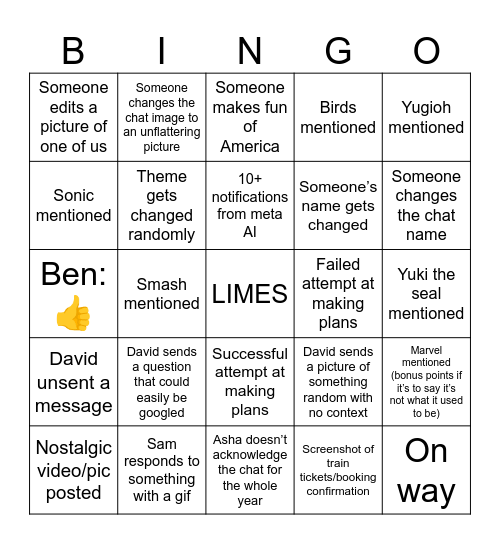 2025 Group Chat Bingo Card