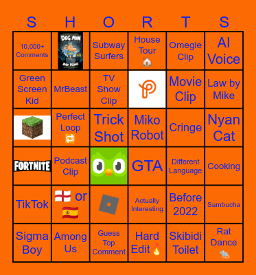 YT Shorts Bingo Card