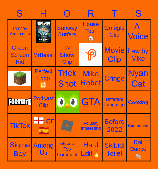 YT Shorts Bingo Card